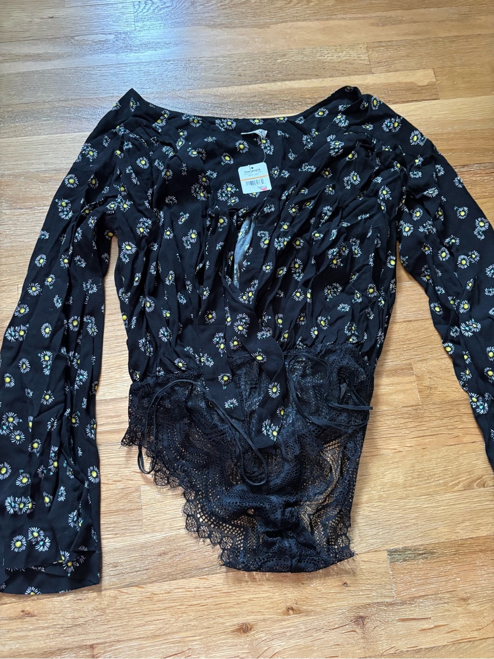 New - Free People “Forties Feels” Bodysuit Lace Carbon Combo Daisy Print Sz S